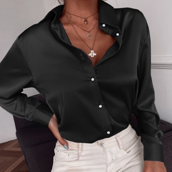 Satin mint Green silky button up Boyfriend Work - Picture 14 of 16